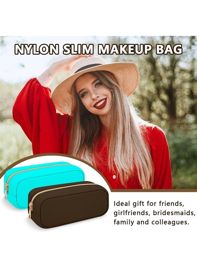 Iqimott حقيبة مكياج صغيرة من النايلون، حقيبة تجميل رفيعة بسحاب، حقيبة فرش مكياج أنيقة، حقيبة مستحضرات تجميل مدمجة، حقيبة أدوات شخصية، حقيبة نقود سفر مقاومة للماء، حقيبة تخزين للسيدات والفتيات والمراهقات (بني) - Image 2