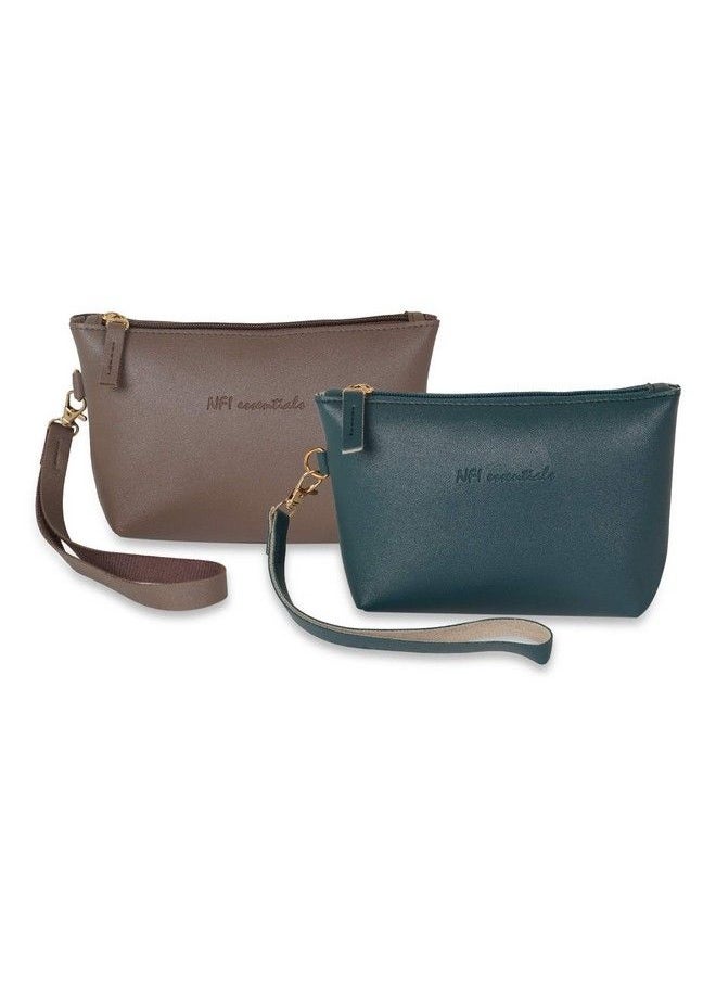 NFI essentials Pu Makeup Pouches For Stylish Women Makeup Bag Accessories Travel Cosmetic Bags Make Up Pouch Girls Set Of 2 Brown D Green  - Image 2
