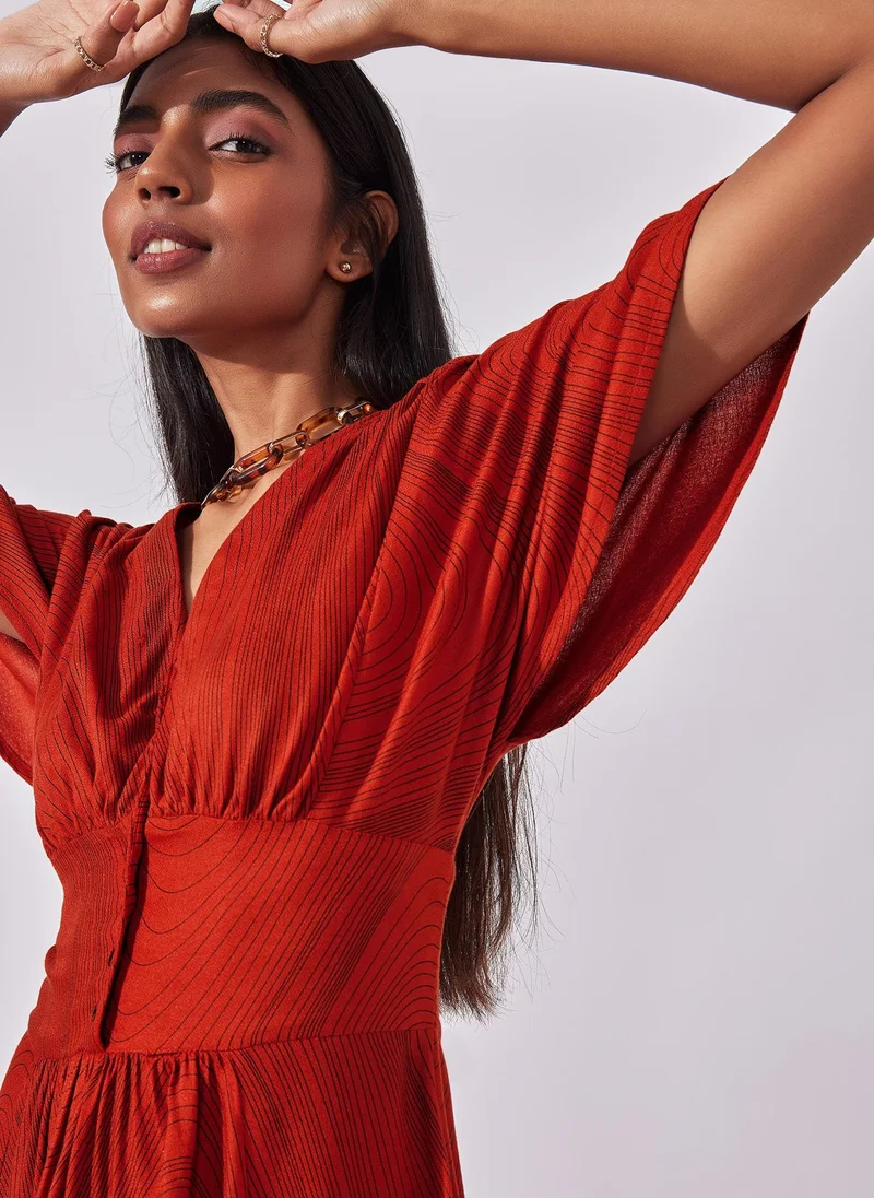 The Label Life Rust Wave Graphic Print Midi Dress – Chic & Flowy