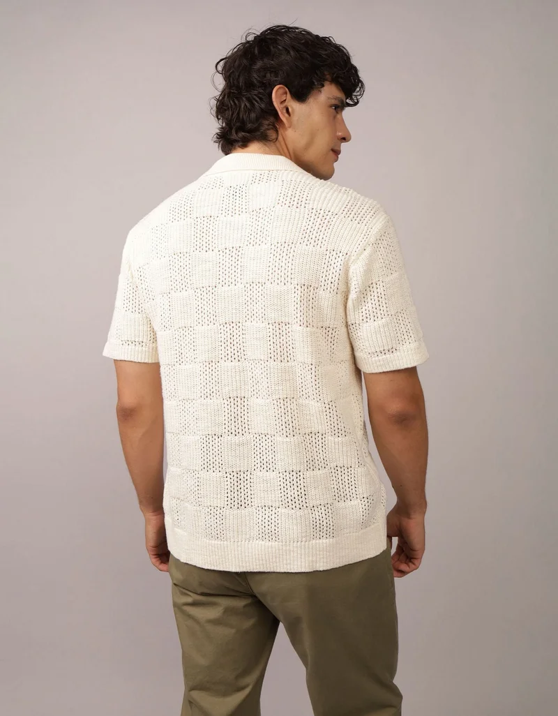 American Eagle AE Weekend Checkerboard Button-Up Sweater Polo Shirt