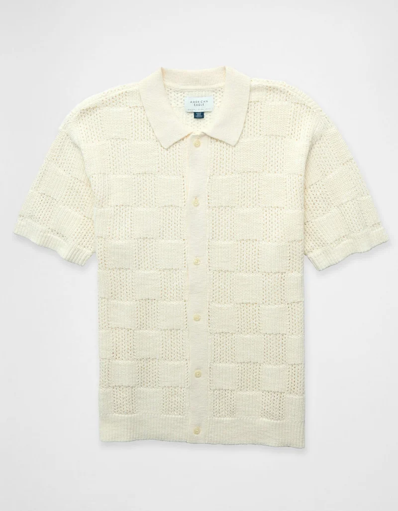 American Eagle AE Weekend Checkerboard Button-Up Sweater Polo Shirt