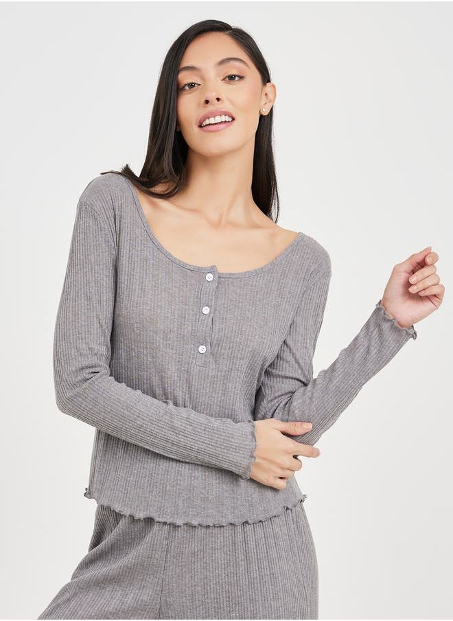Styli - Ribbed Lettuce Hem Long Sleeves T-shirt and Pyjama Set - Image 1