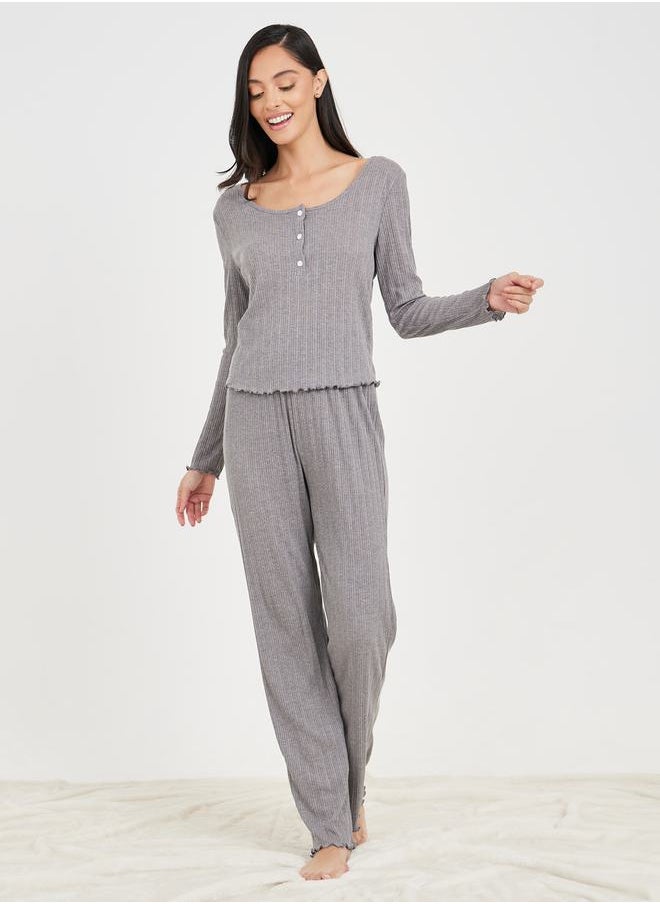 Styli - Ribbed Lettuce Hem Long Sleeves T-shirt and Pyjama Set - Image 1