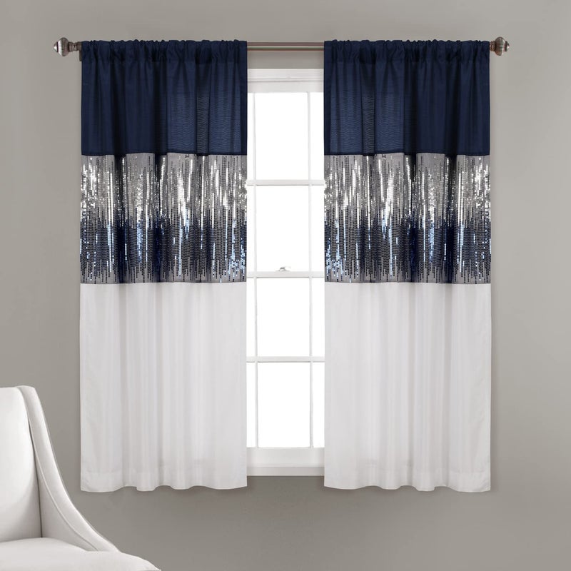 Lush Decor Night Sky Window Curtain Panel  Single  42"" W x 63"" L  Navy & White - Sequin Curtains - Sparkle & Color Block Design - Modern Glam Decor - Short Curtains For Bedroom & Living Room - Image 1