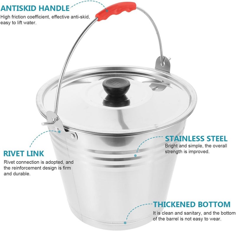 MERRYHAPY Metal Bucket with Lid - Stainless Steel Bucket Milk Pail Container with Handle Flower Pot for Many Home Tasks Carry Water or Milk for Outdoor Household - Image 4