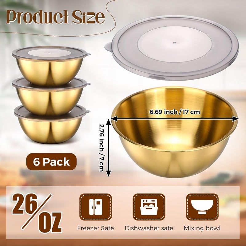 Nuogo 6 Pack 6.69 Inches Gold Stainless Steel Mixing Bowls with Airtight Lids Stackable Metal Serving Esthetician Facial Bowls for Salad, Fruit, Soup & Kitchen Prep - Image 2