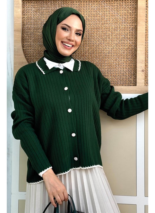 Stone Button Detailed Knitwear Cardigan 2-1570 Emerald