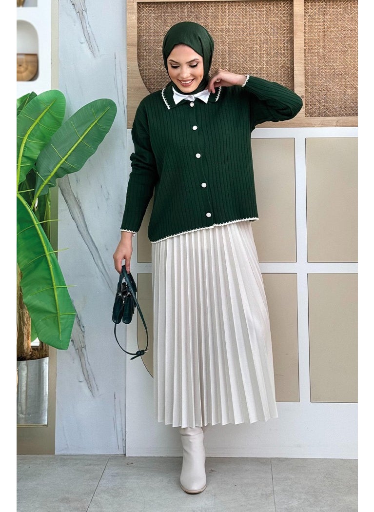 Bym Fashion - Stone Button Detailed Knitwear Cardigan 2-1570 Emerald - Image 1
