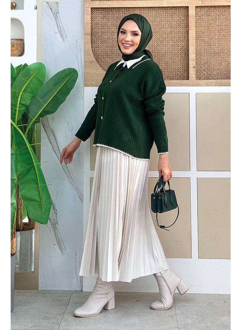 Bym Fashion - Stone Button Detailed Knitwear Cardigan 2-1570 Emerald - Image 1