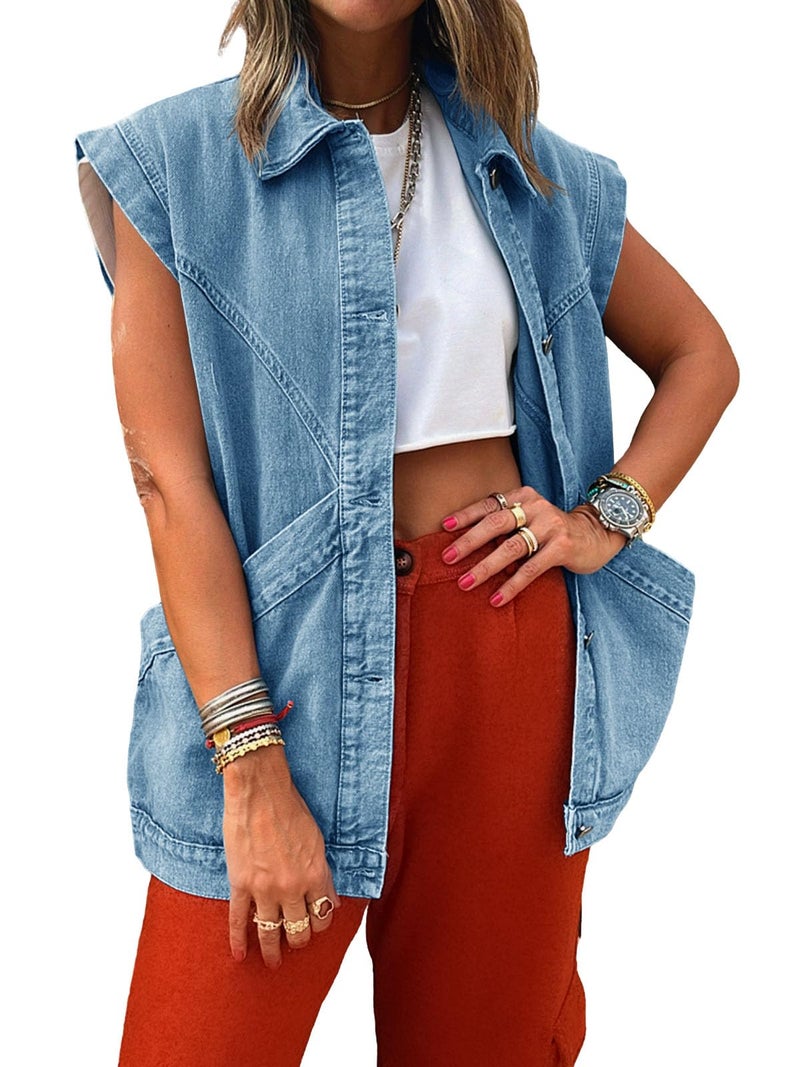 PLNOTME Womens Oversized Sleeveless Denim Vest Classic Button Down Jean Vest Casual Utility Lapel Jean Jacket - Image 1
