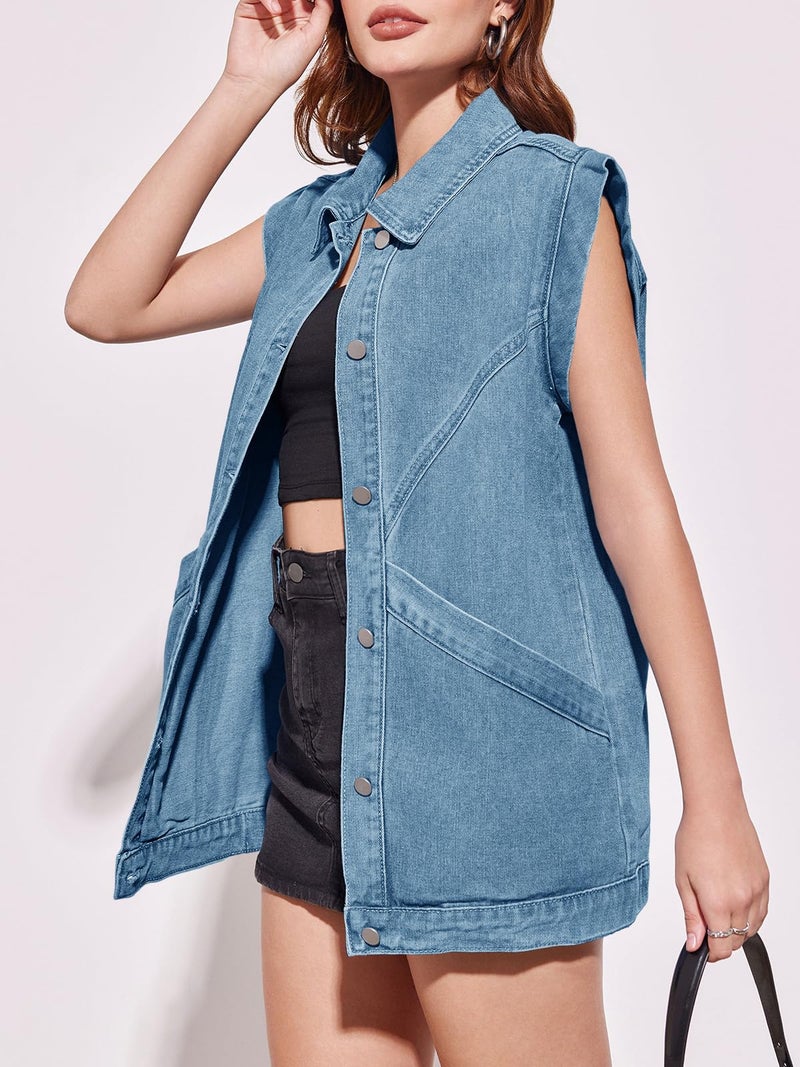 PLNOTME Womens Oversized Sleeveless Denim Vest Classic Button Down Jean Vest Casual Utility Lapel Jean Jacket - Image 2