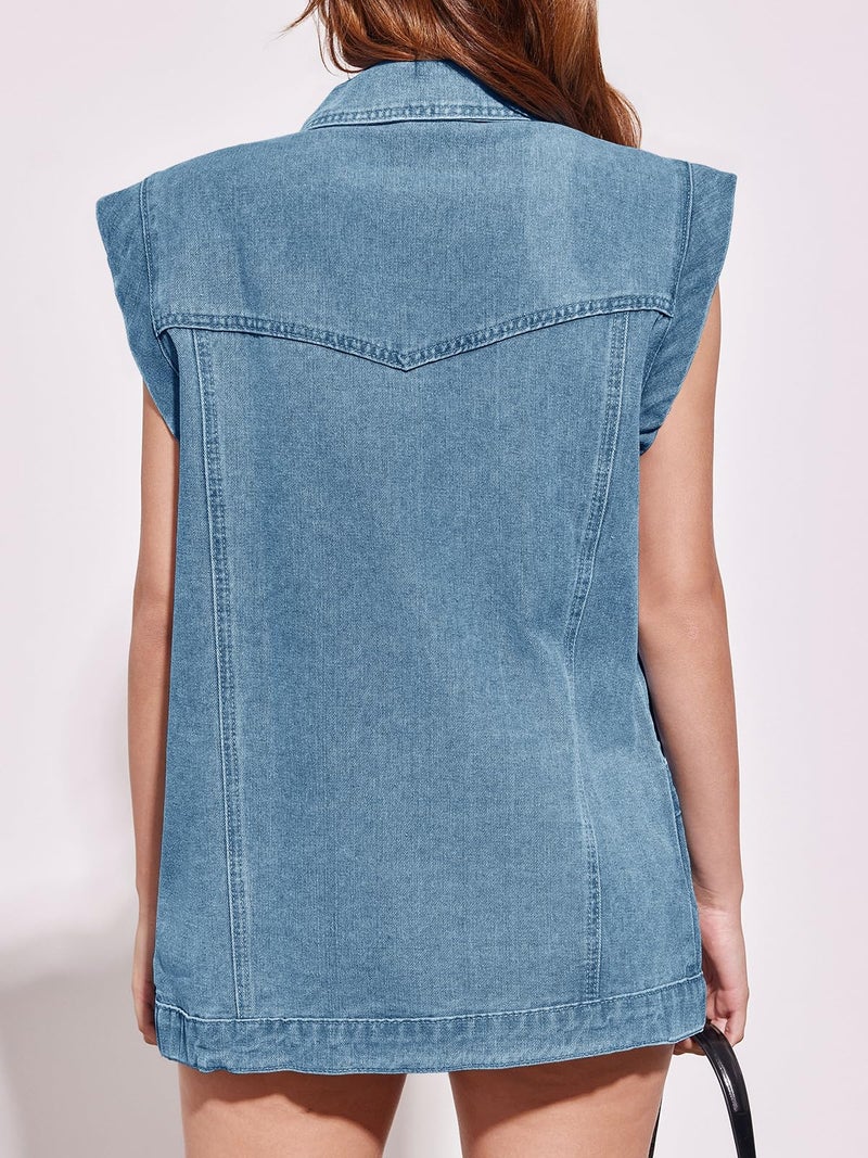 PLNOTME Womens Oversized Sleeveless Denim Vest Classic Button Down Jean Vest Casual Utility Lapel Jean Jacket - Image 3