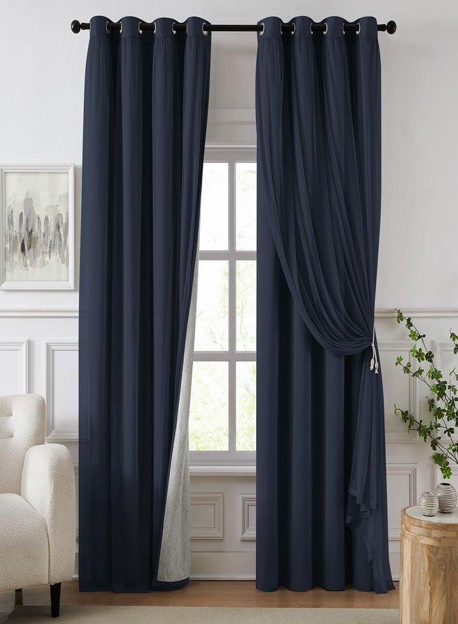 Swandream 100% Blackout Curtains for Bedroom, Double Layer Navy Blue Curtains, Black Out Curtain 84 inch long With Sheer Overlay for Living Room, Room Darkening Window Drapes with Grommet, 52"W x 84"L - Image 1