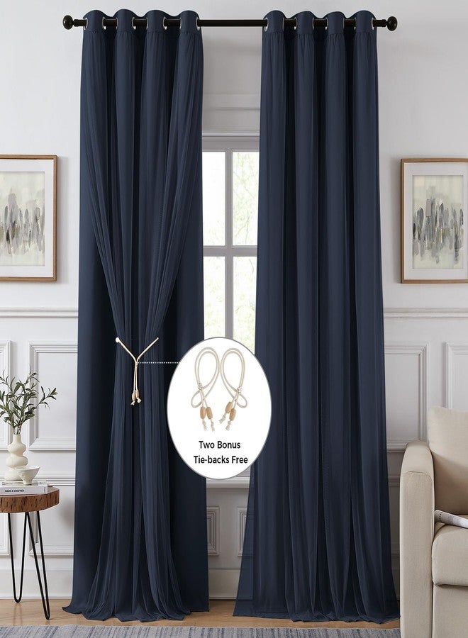 Swandream 100% Blackout Curtains for Bedroom, Double Layer Navy Blue Curtains, Black Out Curtain 84 inch long With Sheer Overlay for Living Room, Room Darkening Window Drapes with Grommet, 52"W x 84"L - Image 2
