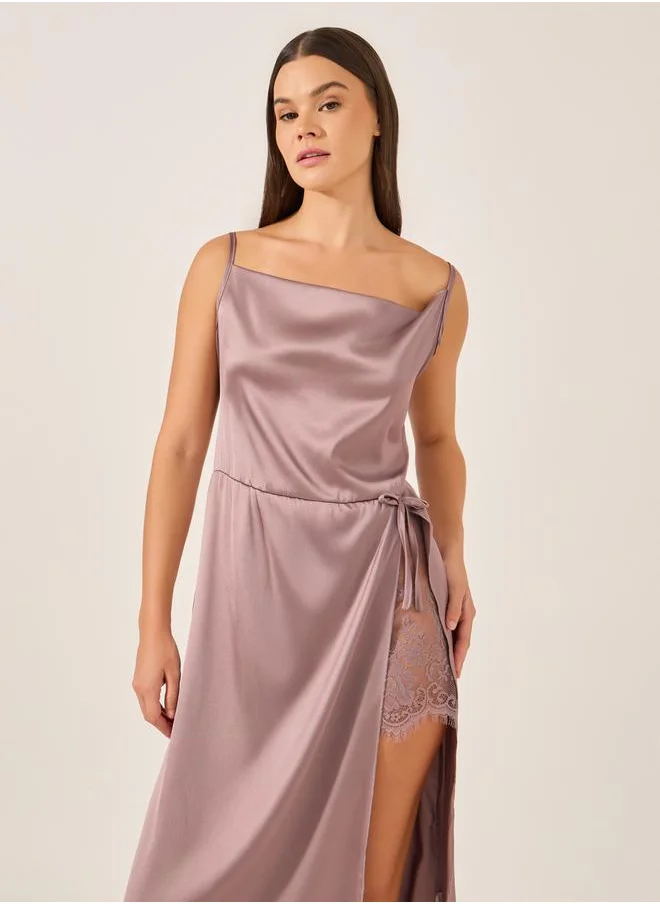 ستايلي Solid Cowl Neck Satin Midi Slip Dress with Lace Detail