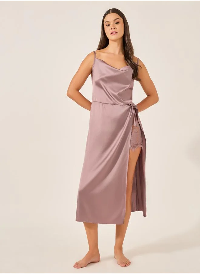ستايلي Solid Cowl Neck Satin Midi Slip Dress with Lace Detail