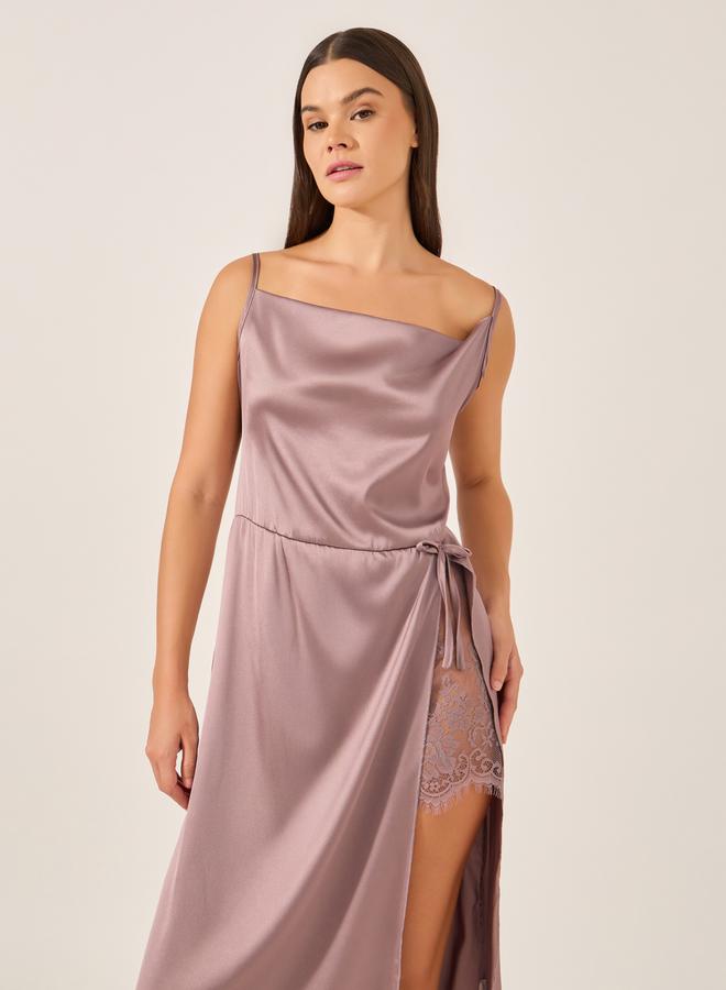 Styli Solid Cowl Neck Satin Midi Slip Dress with Lace Detail  - Image 2