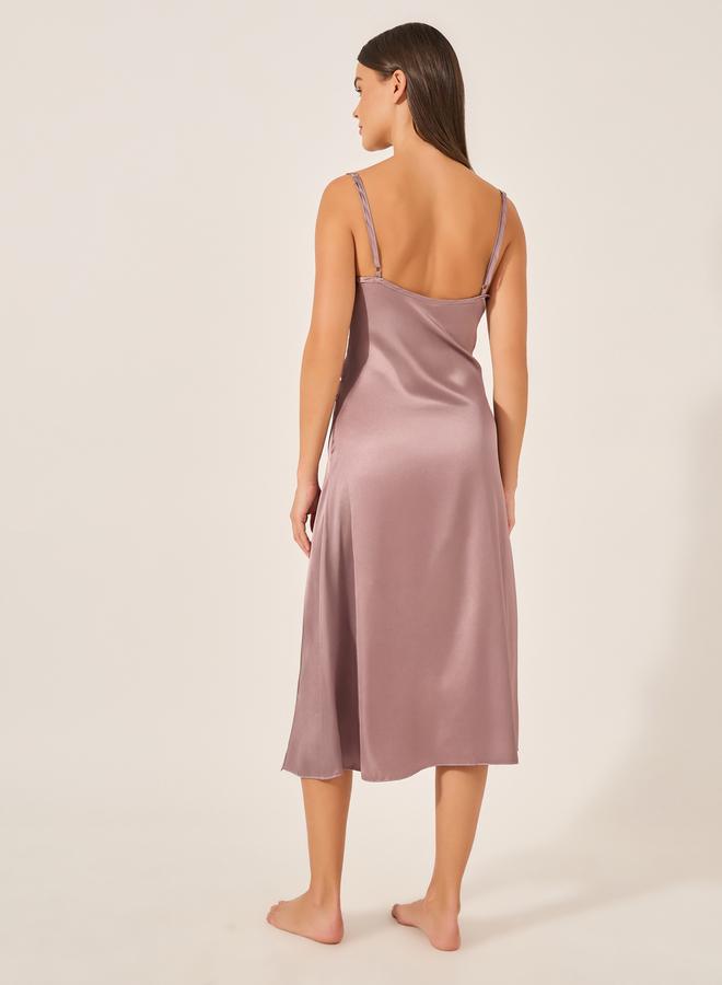 Styli Solid Cowl Neck Satin Midi Slip Dress with Lace Detail  - Image 4