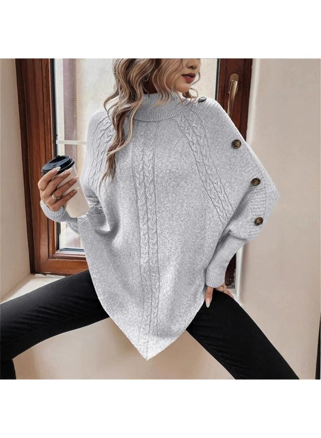 general 2025-2026 Autumn-Winter Plaid Women's Sweater Fashion High-neck Buttoned Long-Sleeved Batwing Top - Image 1