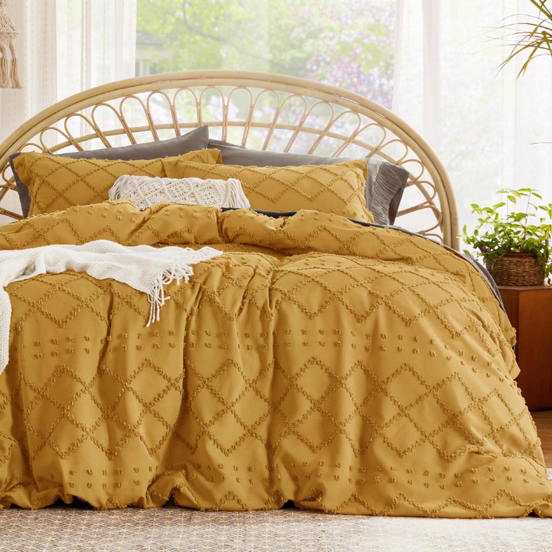 Bedsure Bedsure Boho Duvet Cover King Size  Boho Bedding Tufted King Duvet Cover for All Seasons 3 Pieces Embroidery Shabby Chic Home BeddingComforter Not Included Mustard Yellow 104 x 90 