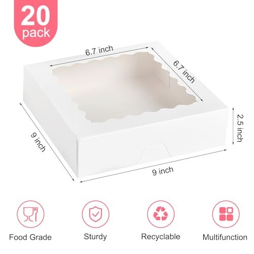 Kucoele 20 PCS Pie Boxes 9 x 9 x 25 Inches Bakery Boxes with Window AutoPopup Cookie Boxes White Treat Boxes for Chocolate Strawberries Pastries Muffins Donuts - Image 3
