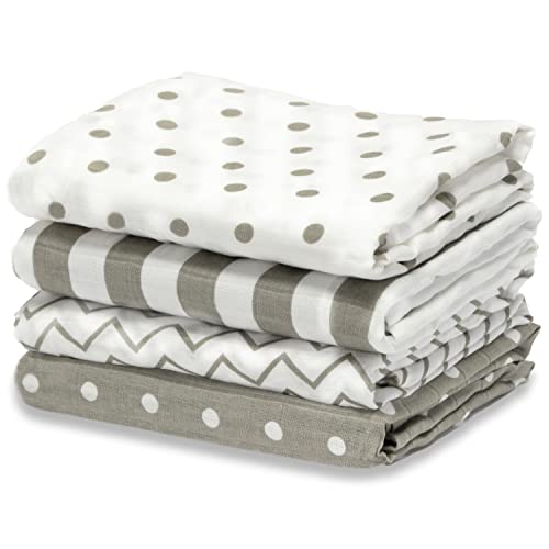 Cuddle Bug CuddleBug Muslin Baby Swaddle Blankets for Boys and Girls 0 to 3 Months Size Large 4 Feet x 4 Feet – Muslin Cotton Baby Blankets - 4 Pack (Spots n' Stripes) - Image 1