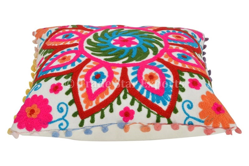 Trade Star 100% Cotton Spring Pillow Cover Beautiful Embroidered Pom Pom Cushion Cover Fall Decor Cushion Case Decorative Handmade 16x16 Inches Modern Sofa Throw Pillow Cover (Pattern 1) - Image 2