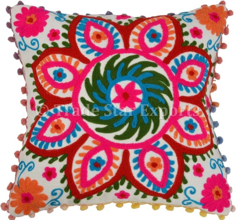 Trade Star 100% Cotton Spring Pillow Cover Beautiful Embroidered Pom Pom Cushion Cover Fall Decor Cushion Case Decorative Handmade 16x16 Inches Modern Sofa Throw Pillow Cover (Pattern 1) - Image 1