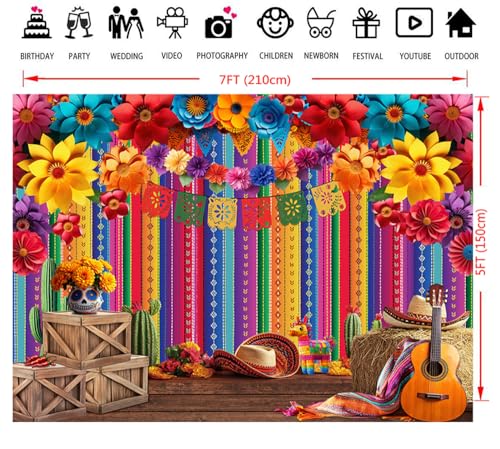 Dudaacvt 7x5ft Mexican Party Decorations Mexican Theme Backdrop Fiesta Photo Backdrop Cinco De Mayo Carnival Colorful Flags Striped Floral Banner Table Decor Background - Image 5