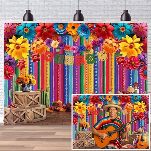 Dudaacvt 7x5ft Mexican Party Decorations Mexican Theme Backdrop Fiesta Photo Backdrop Cinco De Mayo Carnival Colorful Flags Striped Floral Banner Table Decor Background - Image 1