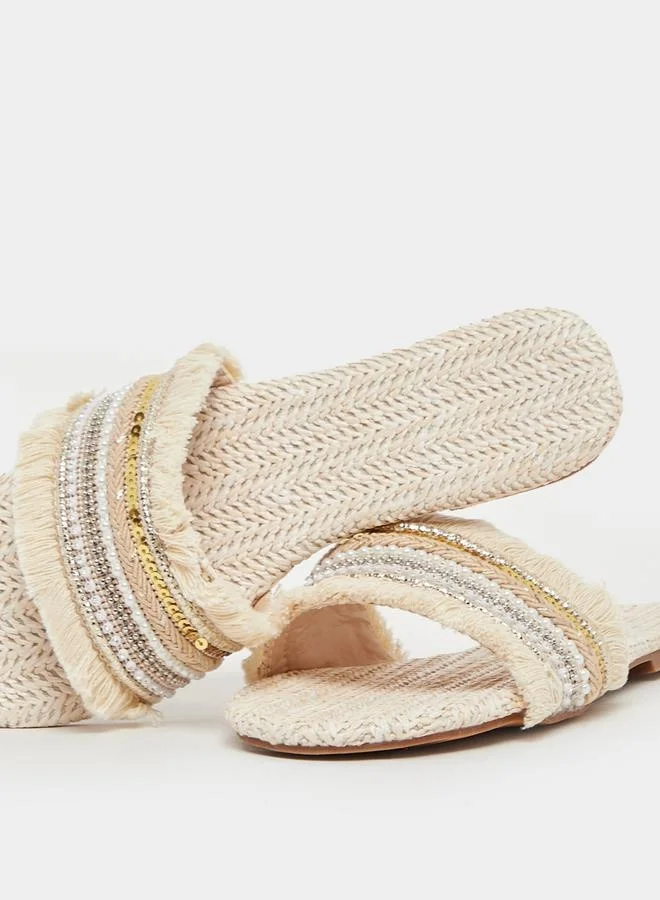 Styli Embellished Fringe Flat Sandals