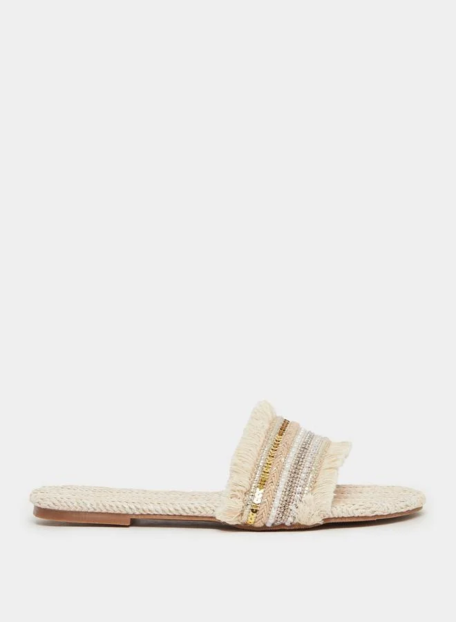 Styli Embellished Fringe Flat Sandals