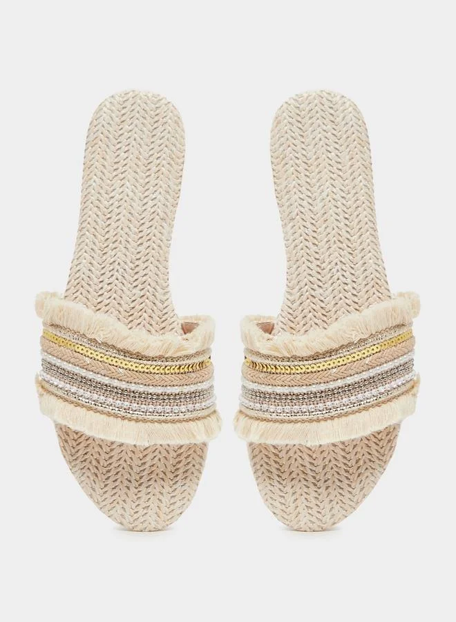 Styli Embellished Fringe Flat Sandals