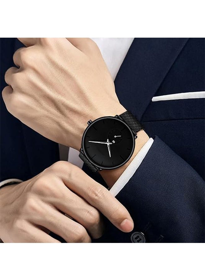 ساعات رجال فائقة النحافة وبسيطة مقاومة للماء - ساعة معصم عصرية للرجال والنساء بأساور شبكية من الفولاذ المقاوم للصدأ - Image 5