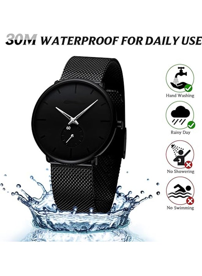 ساعات رجال فائقة النحافة وبسيطة مقاومة للماء - ساعة معصم عصرية للرجال والنساء بأساور شبكية من الفولاذ المقاوم للصدأ - Image 3