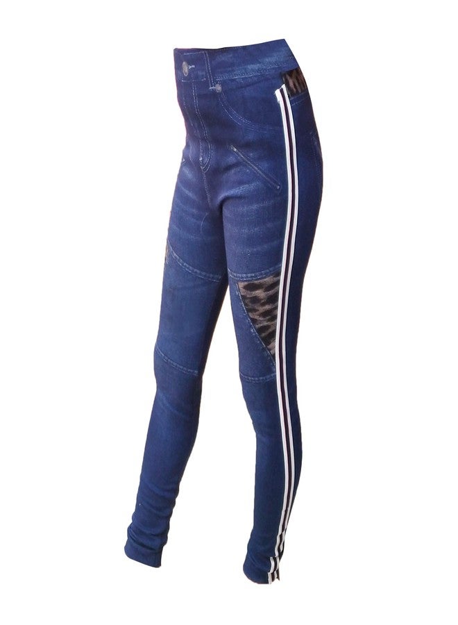 V3E Girl's Strip Print Denim Side Tape Stretchable Jeans (Blue) - Image 2