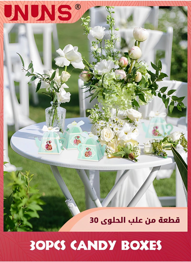 UNUNS - 30 قطعة من صناديق هدايا حفلات الشاي، صندوق إبريق شاي مزهر عتيق، صناديق هدايا لحفلات الشاي، صندوق حلوى إبريق الشاي، ديكورات حفلات الشاي لوقت الشاي في الحديقة أو الزفاف أو عيد الميلاد، أخضر - Image 1