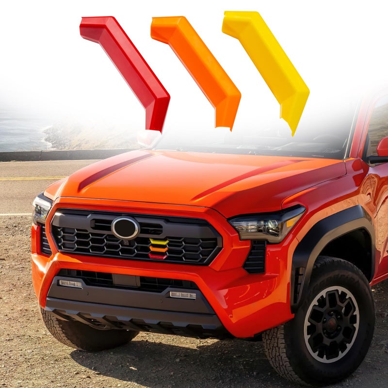 RAVOTOM Upgrade Grille Decor Badge Emblem Compatible with 2024 2025 2026 Toyota Tacoma Accessories TRD Off-Road/PreRunner/Sport Tri-Color Front Grille Insert Trims (Yellow/Orange/Red) - Image 1