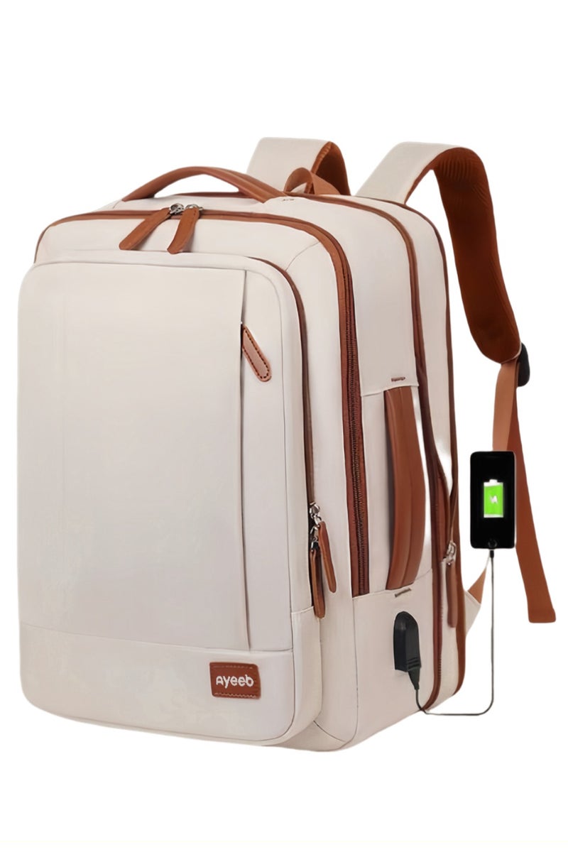 أييب حقيبة ظهر متعددة الأغراض بمقبض قابل للتمدد (EHAB) معتمدة من شركات الطيران، حقيبة كمبيوتر محمول للأعمال، مقبض جلدي مزخرف مع منفذ شحن USB، مساحة تخزين منفصلة جافة ورطبة مدمجة للرجال والنساء (أبيض ملكي) - Image 1