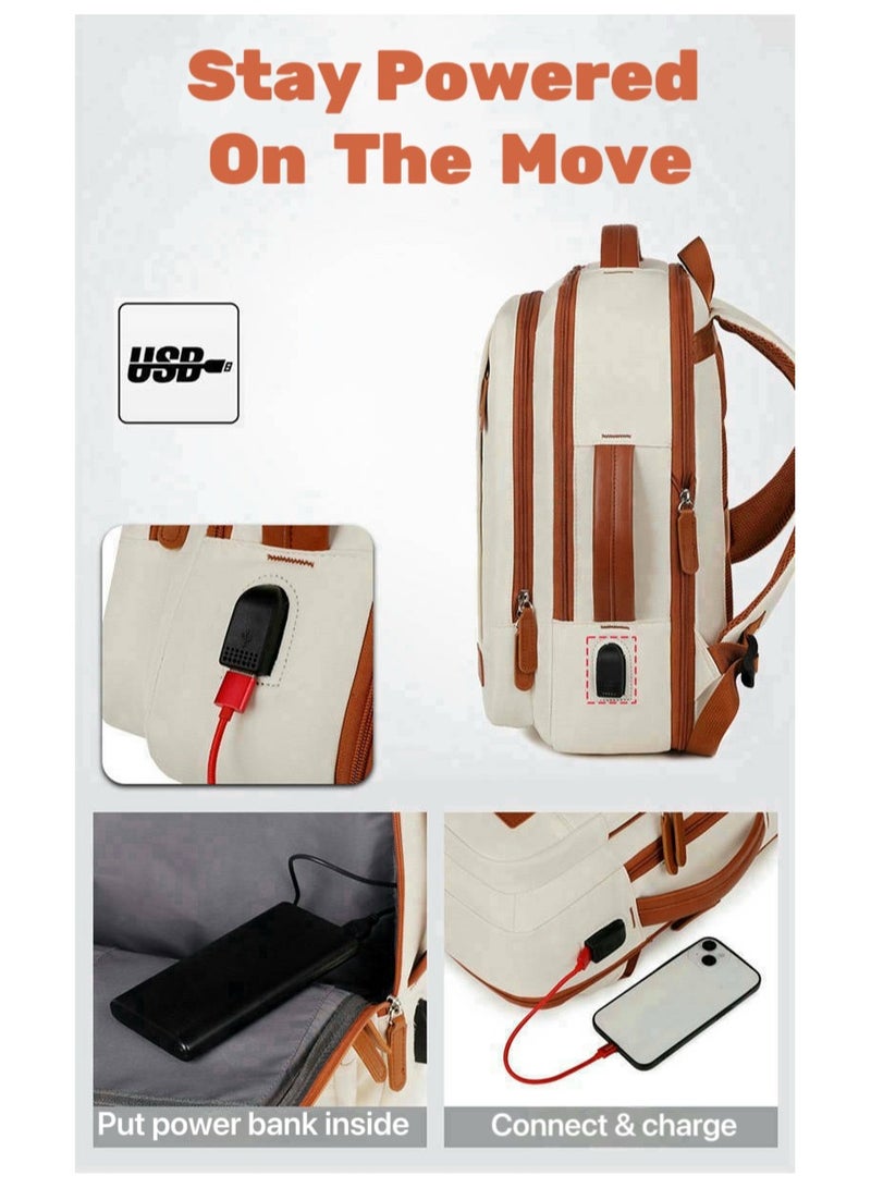 أييب حقيبة ظهر متعددة الأغراض بمقبض قابل للتمدد (EHAB) معتمدة من شركات الطيران، حقيبة كمبيوتر محمول للأعمال، مقبض جلدي مزخرف مع منفذ شحن USB، مساحة تخزين منفصلة جافة ورطبة مدمجة للرجال والنساء (أبيض ملكي) - Image 2