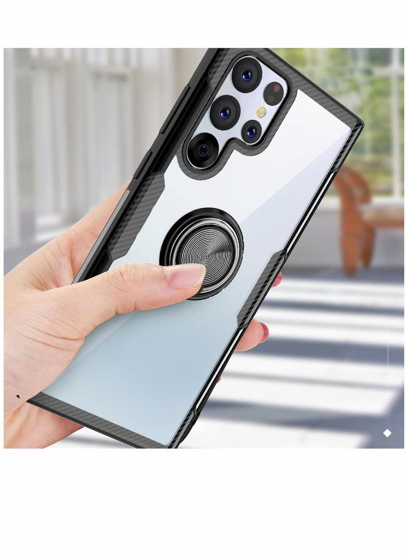 Y&D Case for Samsung Galaxy S22 Ultra 6.8 inch Carbon Fiber Texture Design Crystal Clear Cover with Rotation Ring Kickstand Black - Image 2