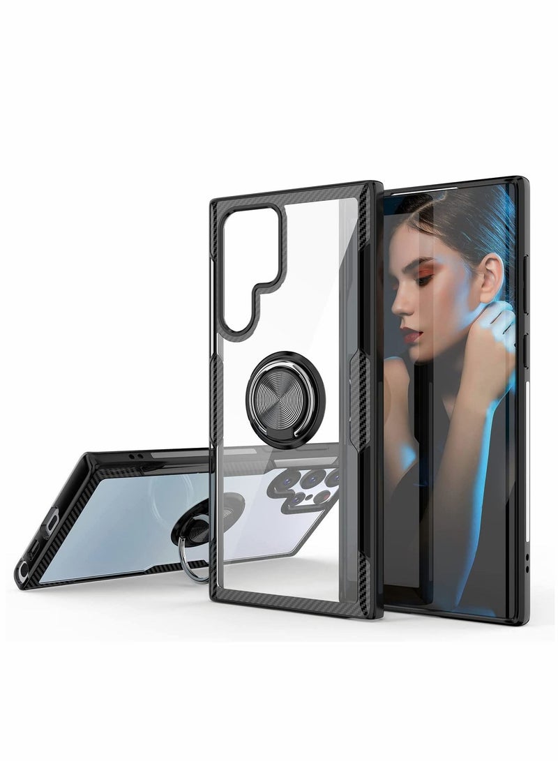 Y&D Case for Samsung Galaxy S22 Ultra 6.8 inch Carbon Fiber Texture Design Crystal Clear Cover with Rotation Ring Kickstand Black - Image 1