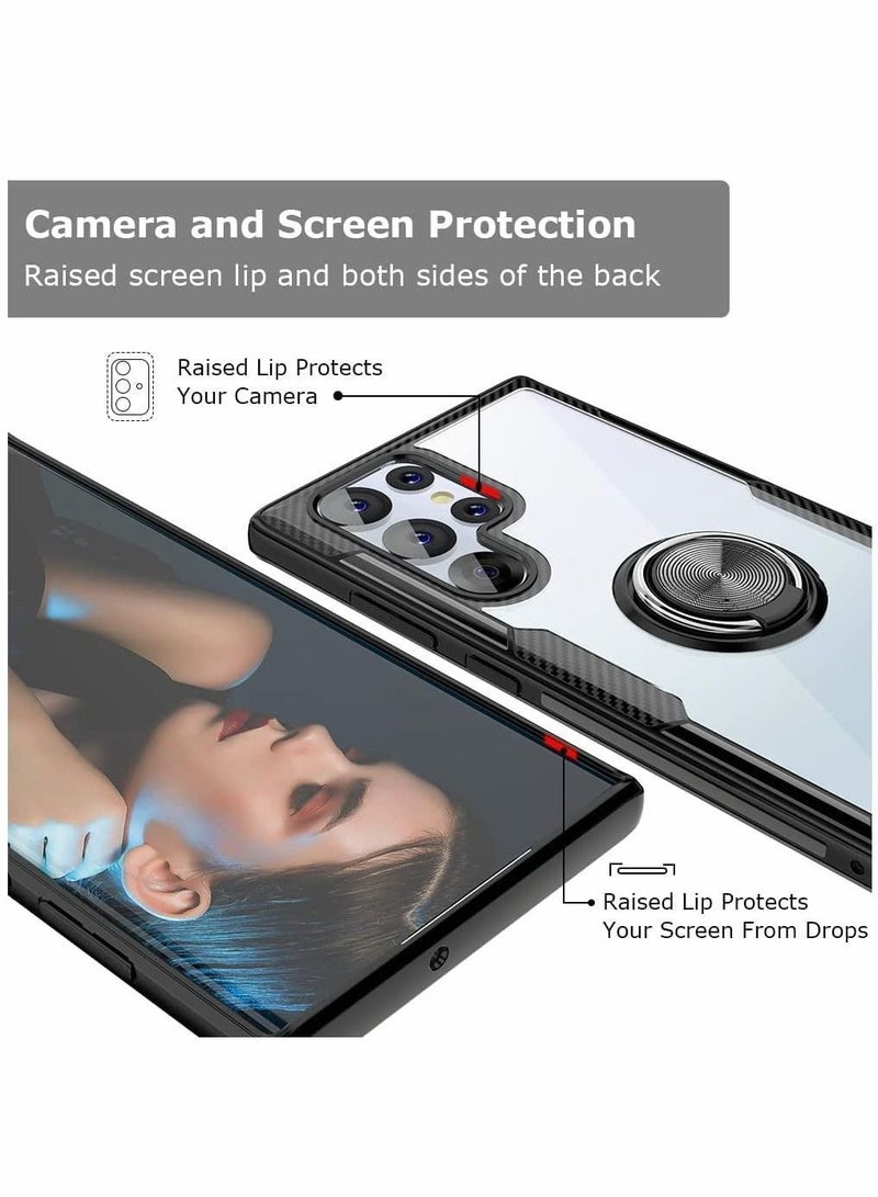Y&D Case for Samsung Galaxy S22 Ultra 6.8 inch Carbon Fiber Texture Design Crystal Clear Cover with Rotation Ring Kickstand Black - Image 5