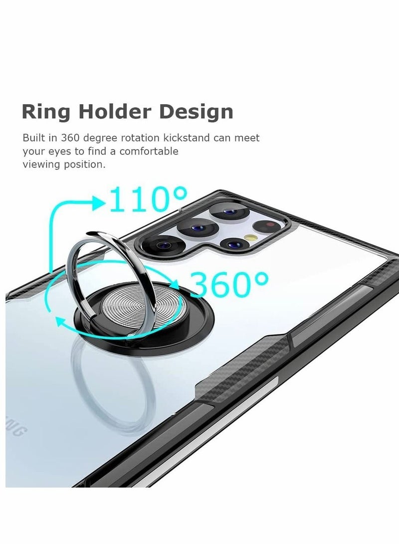 Y&D Case for Samsung Galaxy S22 Ultra 6.8 inch Carbon Fiber Texture Design Crystal Clear Cover with Rotation Ring Kickstand Black - Image 3