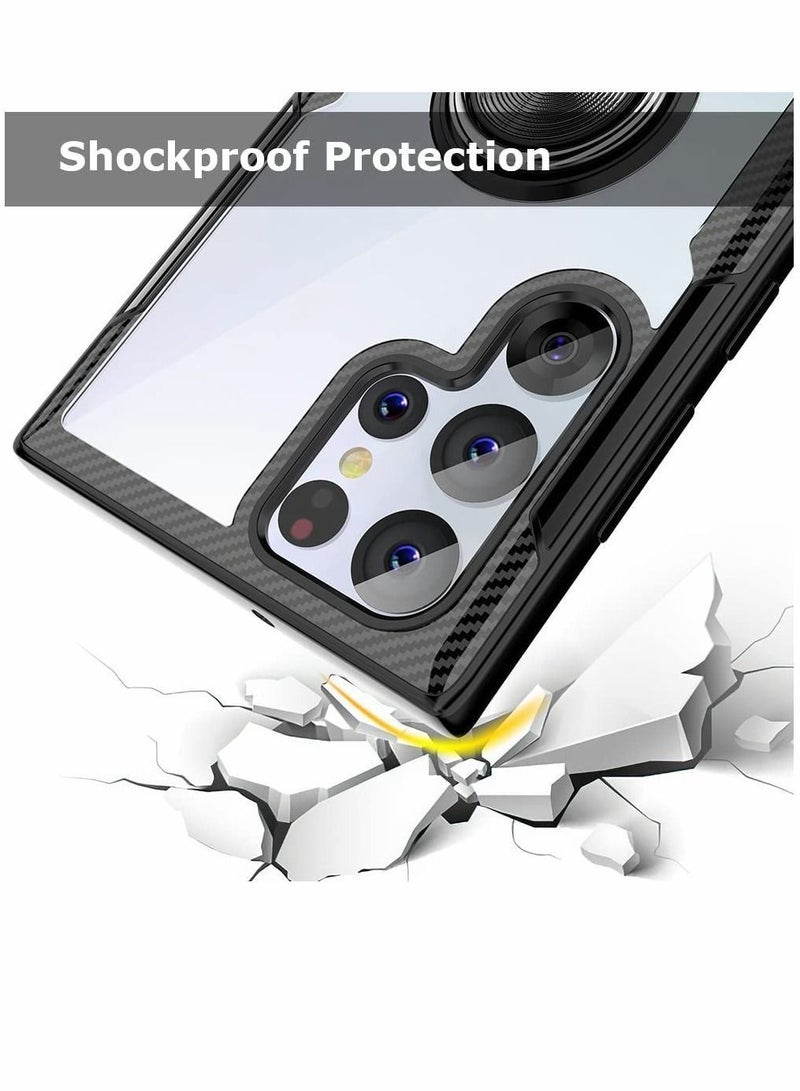 Y&D Case for Samsung Galaxy S22 Ultra 6.8 inch Carbon Fiber Texture Design Crystal Clear Cover with Rotation Ring Kickstand Black - Image 4