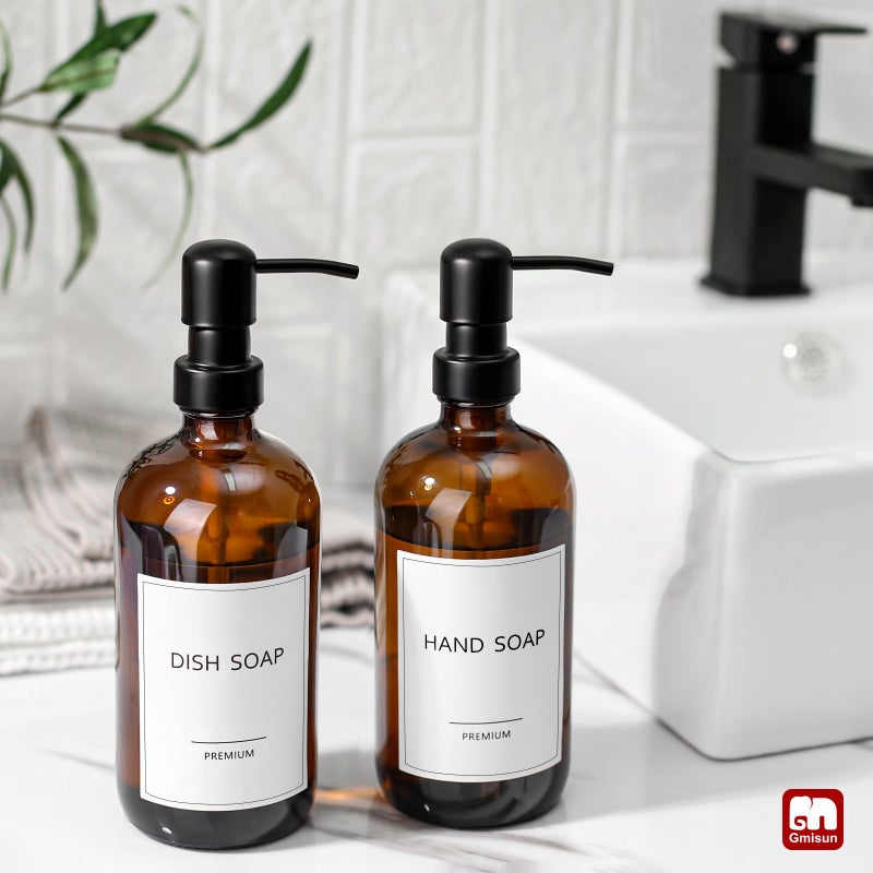 GM GMISUN GMISUN Amber Glass Soap Dispenser, 2 Pack Bathroom Hand Soap Dispensers with Stainless Steel Pump, 17 Fl Oz Kitchen Hand and Dish Soap Dispenser Set, Modern Vintage Liquid Brown Soap Dispensers Bottle - Image 5