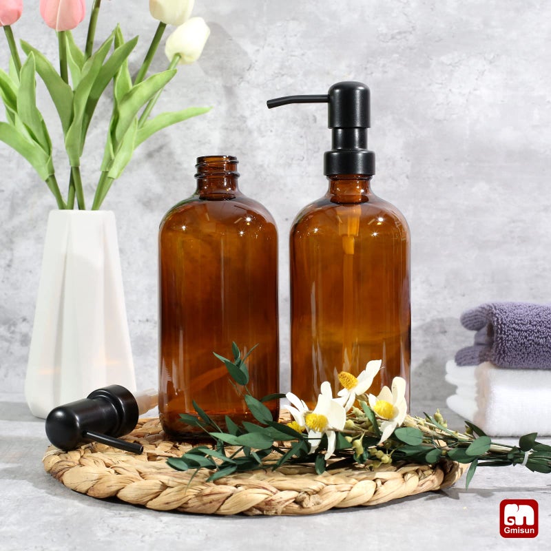 GM GMISUN GMISUN Amber Glass Soap Dispenser, 2 Pack Bathroom Hand Soap Dispensers with Stainless Steel Pump, 17 Fl Oz Kitchen Hand and Dish Soap Dispenser Set, Modern Vintage Liquid Brown Soap Dispensers Bottle - Image 4
