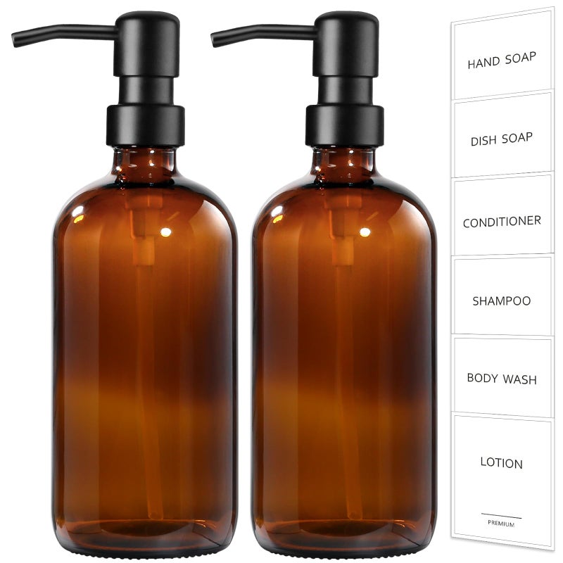 GM GMISUN GMISUN Amber Glass Soap Dispenser, 2 Pack Bathroom Hand Soap Dispensers with Stainless Steel Pump, 17 Fl Oz Kitchen Hand and Dish Soap Dispenser Set, Modern Vintage Liquid Brown Soap Dispensers Bottle - Image 1