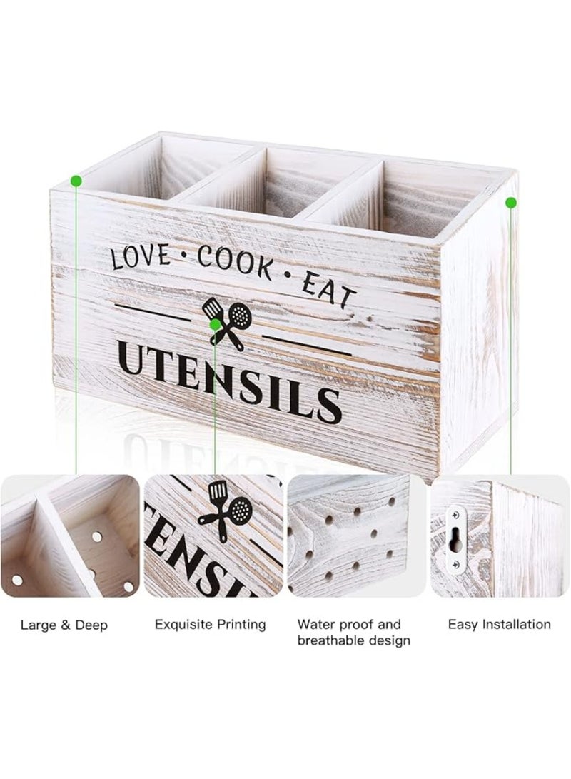 YelaJoy Wood Kitchen Utensil Caddy with 3 Compartments, Rustic Farmhouse Style, Ideal for Storage and Organization, White - Image 5