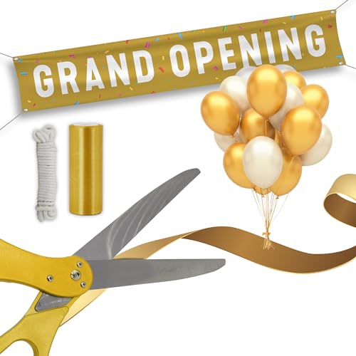 SIRCLES Grand Opening Ribbon Cutting Ceremony Kit 25 Giant Scissors 5yd of 4 Wide Ribbon 10ft Banner 8 Gold 8 White Balloons 19 ft Banner Rope 2 Rolls Balloon Ribbon Grand Opening Kit - Image 1